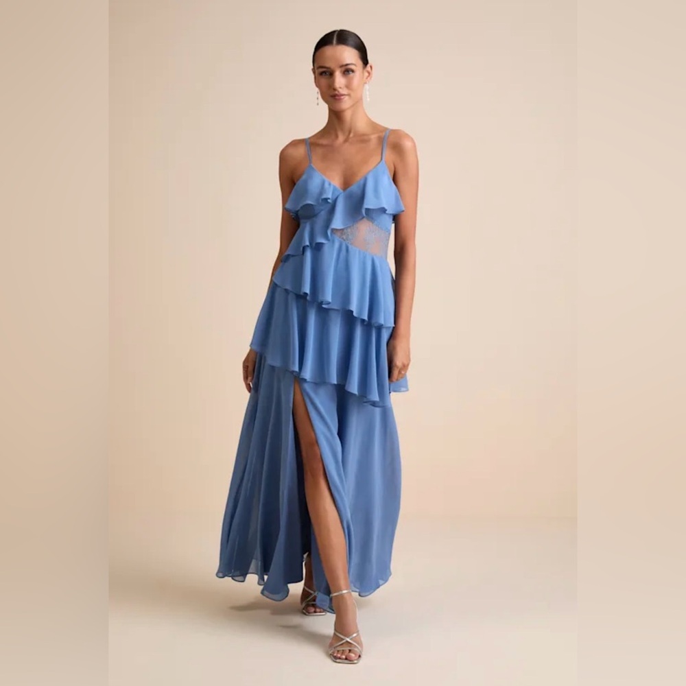 Lulus Dalena Blue Ruffle Lace Maxi Wedding Guest Dress